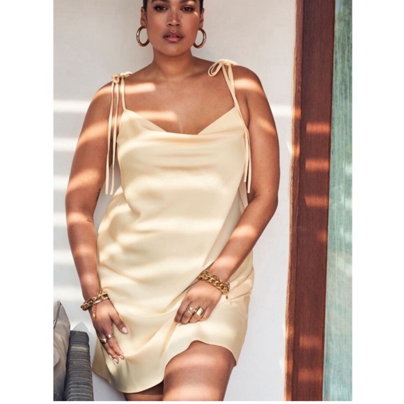 NWT Eloquii Pastel Yellow Satin Mini Cowl Neck Slip Dress size 22 - Picture 3 of 9